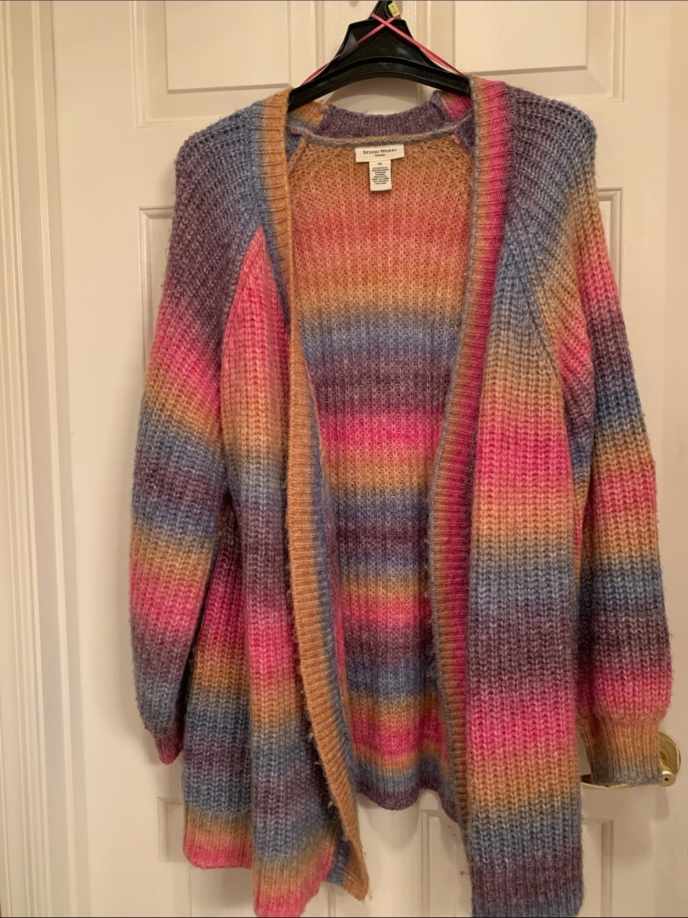 Treasure & Bond Multicolor Open-Front Knit Cardigan - Pink/Blue/Gold/Tan